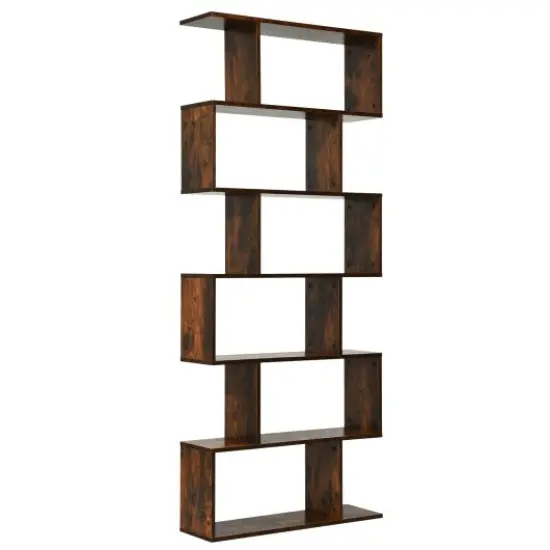 6 Tier S-Shaped Bookshelf Storage Display Bookcase Decor Z-Shelf Coffee {1}