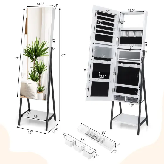 Freestanding Full-Length Mirror Jewelry Cabinet with Metal Tube Frame and 3 Color LED Lighting White {5}
