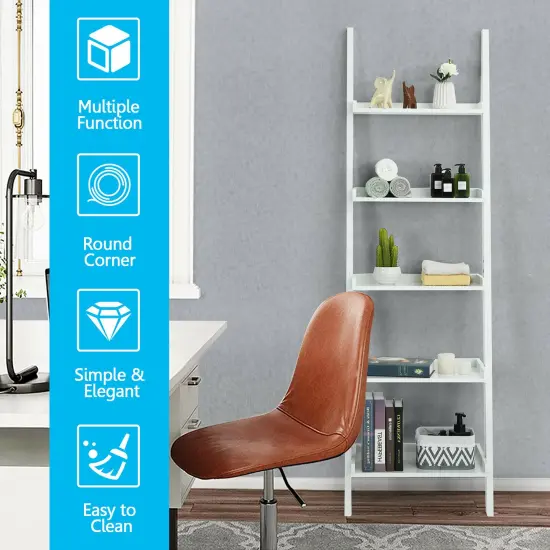 Costway Versatile White 5-Tier Bookshelf Leaning Wall Shelf LadderBookcase Storage Display Furni {6}