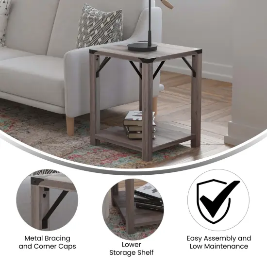 Merrick Lane Green River Modern Farmhouse Engineered Wood End Table and Powder Coated Steel Accents Gray Wash {2}