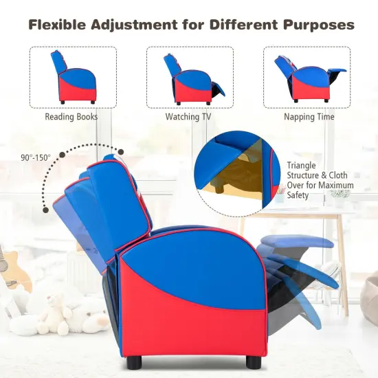 Kids Adjustable Recliner Chair with 2 Side Storage Pockets Ideal for Children Room or Home Theater Blue {4}