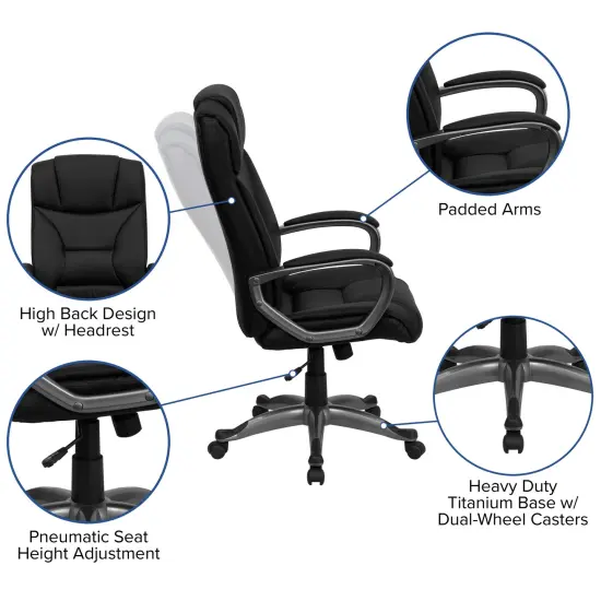 Emma and Oliver High Back Leather Executive Swivel Office Chair with Lip Edge Base and Arms Black {2}
