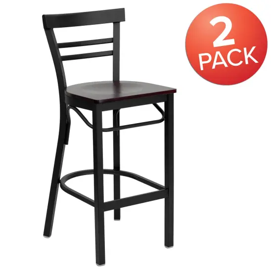 Emma and Oliver 2 Pack Two-Slat Ladder Back Metal Restaurant Barstool Mahogany/BlackMetal {5}