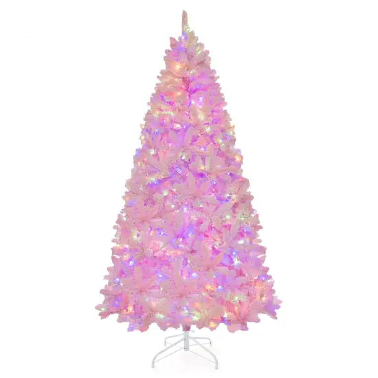 Costway 7 FT Flocked Artificial Christmas Tree Hinged with 500 LED Lights 1200 Branch Tips {1}