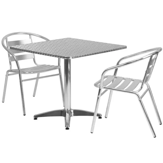 Emma and Oliver 31.5'' Square Aluminum Indoor-Outdoor Table Set with 2 Slat Back Chairs {1}