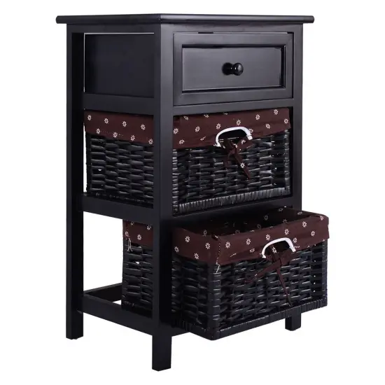 3 Tiers Wooden Storage Nightstand with 2 Baskets and 1 Drawer {5}