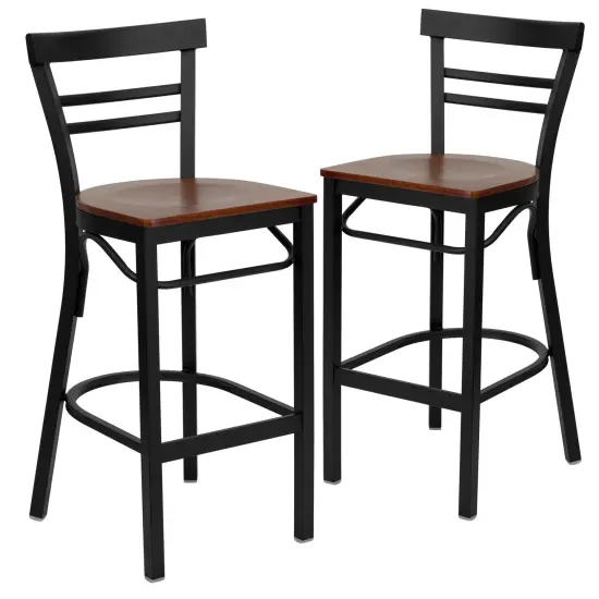 Emma and Oliver 2 Pack Two-Slat Ladder Back Metal Restaurant Barstool Cherry/BlackMetal {1}