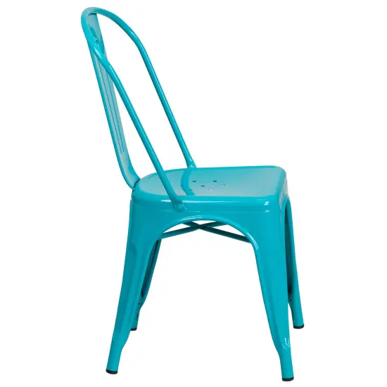 Merrick Lane Wells Indoor/Outdoor Stacking Metal Dining Chair with Single Slat Back and Powder Coated Finish Crystal Teal-Blue {5}