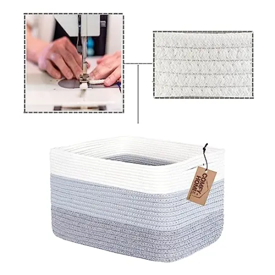 COMFY-HOMI Cotton Rope Woven Basket With Handles for Shelves, Toy, Book, Cloth Storage Basket for Organizing|NEW 13.5" x 11" x 9.5" Decorative Nursery Cube Bin for Living Room(White/3-Tone Grey) {2}