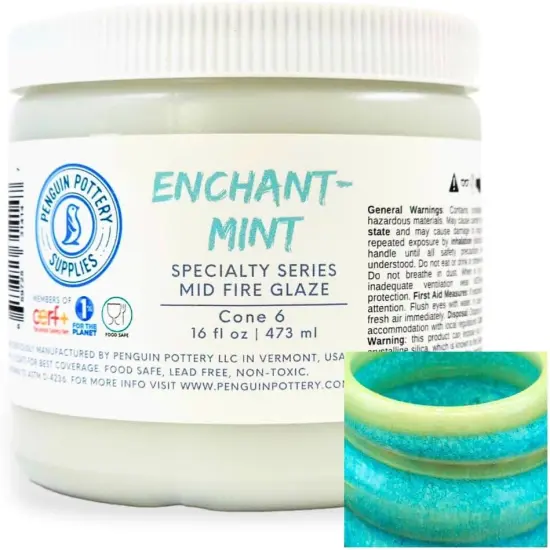 Penguin Pottery - Specialty Series - EnchantMint - Mid Fire Glaze, High Fire Glaze, Cone 6 for Mid Fire Clay - Ceramic Glaze Pottery (1 Pint | 16 oz | 473 ml) {1}