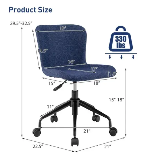 Mid Back Armless Office Chair Adjustable Swivel Linen Task Chair Blue {2}