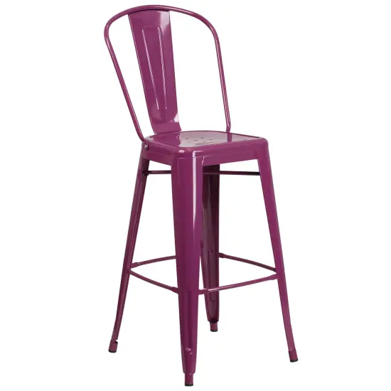 Merrick Lane Sabine Metal Indoor-Outdoor Barstool with Vertical Slat Back and Integrated Footrest Purple {1}