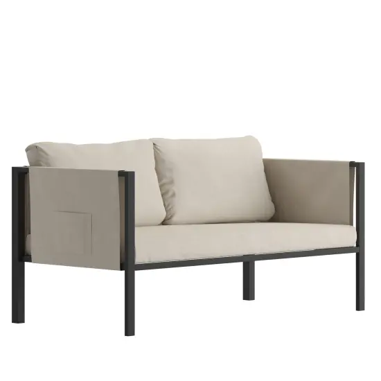 Merrick Lane Cape Cod Outdoor Love Seat/Sofa With Removable Fabric Cushions And Steel Frame Light Gray {1}
