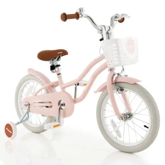 16 Inch Kids Adjustable Bike with Cute Basket for Storage and 2 Training Wheels Pink {1}