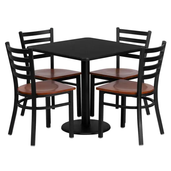 Emma and Oliver 30'' Square Laminate Table Set with 4 Ladder Back Metal Chairs Black {1}