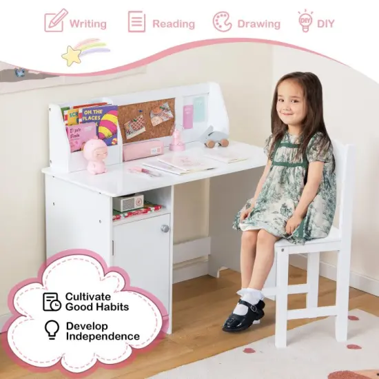 Wooden Kids Study Desk and Chair Set with Storage Cabinet and Bulletin Board-White {3}