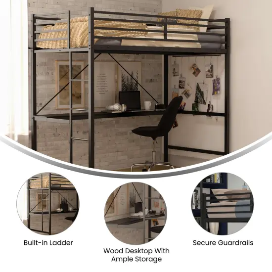 Emma and Oliver Jensen Metal Loft Bed Frame with Desk, Protective Guard Rails and Ladder for Kids, Teens and Adults Black {2}