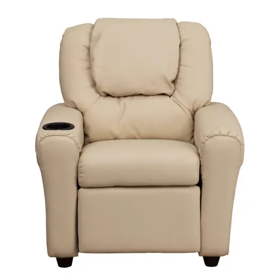 Emma and Oliver Contemporary Kids Recliner with Cup Holder and Headrest Beige Vinyl {2}
