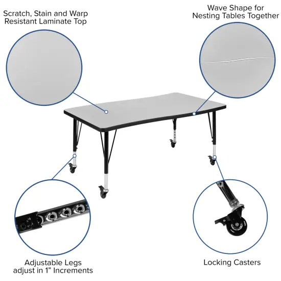 Emma and Oliver Mobile 28"Wx47.5"L Wave Flexible Collaborative Kids Adjustable Activity Table Grey {3}