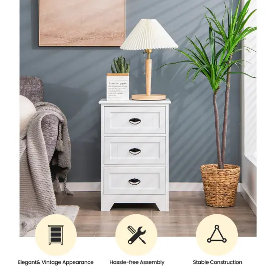 3 Drawers End Storage Wood Side Nightstand White {3}