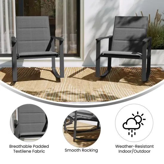 Merrick Lane Brevyn Set of 2 Flex Comfort Outdoor Rocking Chairs with Steel Frames Black {2}
