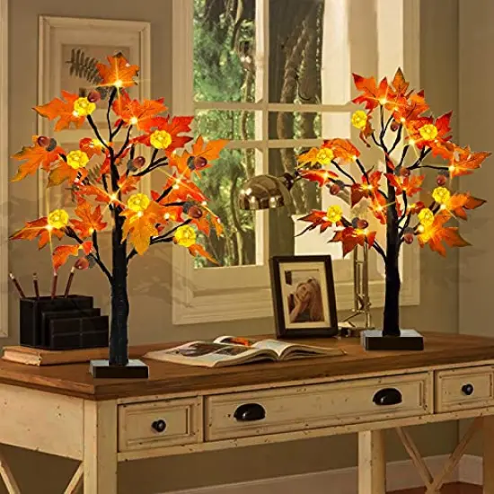 2 Pack & Timer 24 Inch Lighted Maple Tree Fall Decor, Total 48 LED Battery Operated Tabletop Artificial Tree Design Patent Pumpkin & Acorn Thanksgiving Halloween Decoration Home Indoor {2}