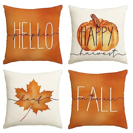 AVOIN colorlife Hello Pumpkin Fall Happy Harvest Maple Leaf Throw Pillow Covers, 18 x 18 Inch Pillows Autumn Seasonal Cushion Case for Sofa Couch Set of 4 {1}