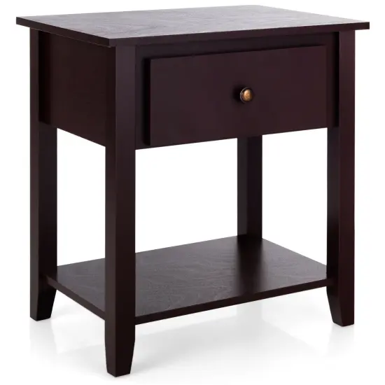 Nightstand with Drawer and Storage Shelf for Bedroom Living Room Dark Brown {3}