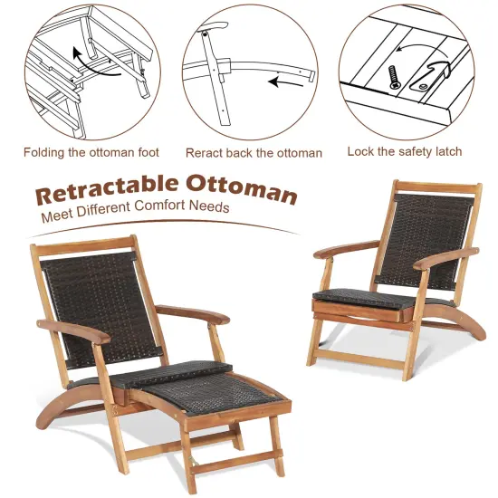 Costway 4PCS Patio Rattan Folding Lounge Chair Table Acacia Wood withRetractable Footrest {6}