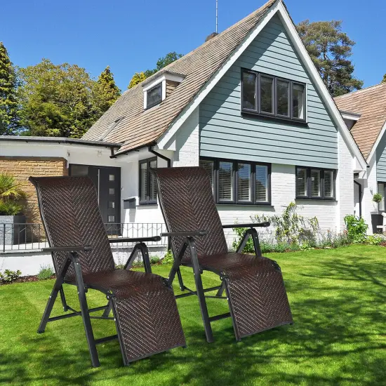 Costway 2PCS Patio Rattan Folding Lounge Chair Recliner Back Adjustable Beach Yard Pool {1}