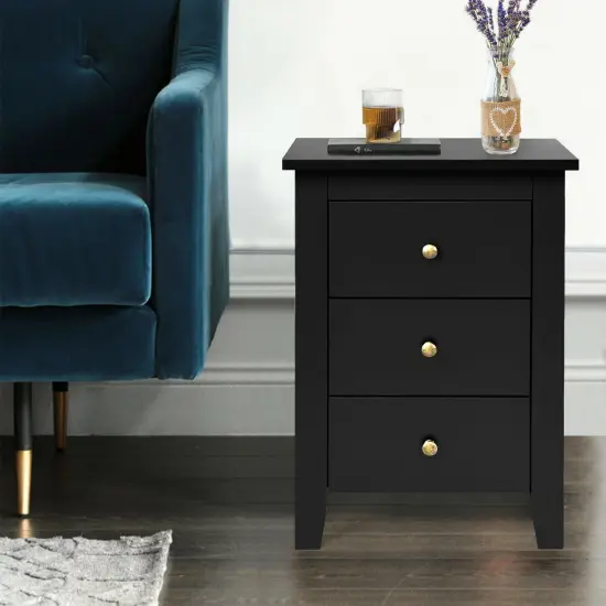 Modern Nightstand End Beside Table with 3 Storage Drawers and Open Platform Black {2}