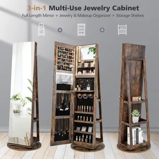 360 Degree Full Length Mirror Jewelry Armoire Cabinet with 3-Color LED Lights and Lockable Door Brown {3}