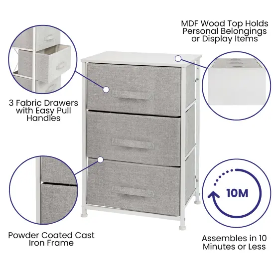 Emma and Oliver 3 Drawer Vertical Storage Dresser with Wood Top & Fabric Pull Drawers Black/Gray {7}