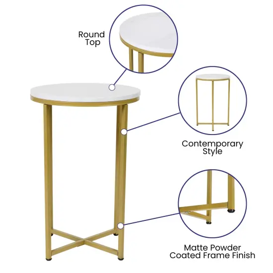 Merrick Lane Fairdale End Table with Round Cross Brace Frame WhiteMar/BrushGold {2}
