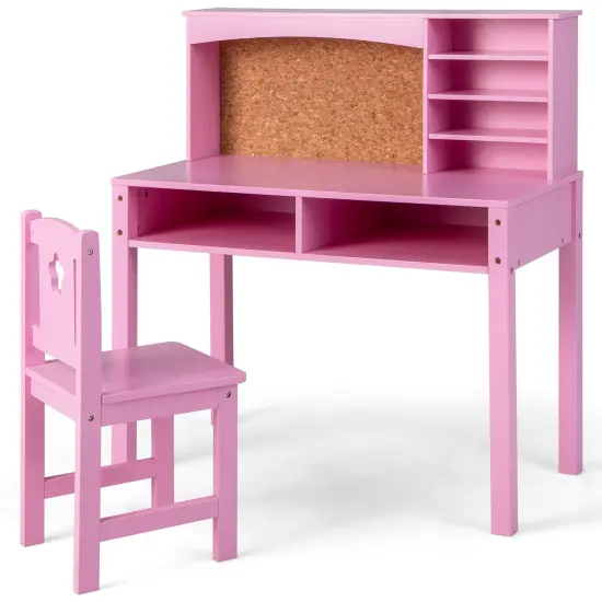 Kids Wooden Desk and Chair Set with 4-tier Storage Shelves and 2 Open Drawers Pink {2}