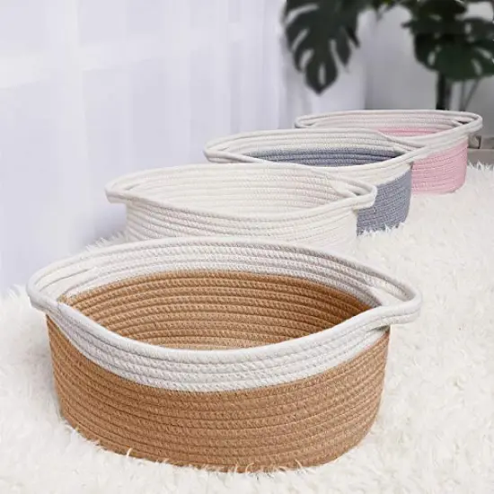 ABenkle Cute Small Woven Basket with Handles, 12"x 8" x 5" Rope Room Shelf Storage Basket Chest Box for Cat and Dog Toys, Empty Decorative Gift - White {4}