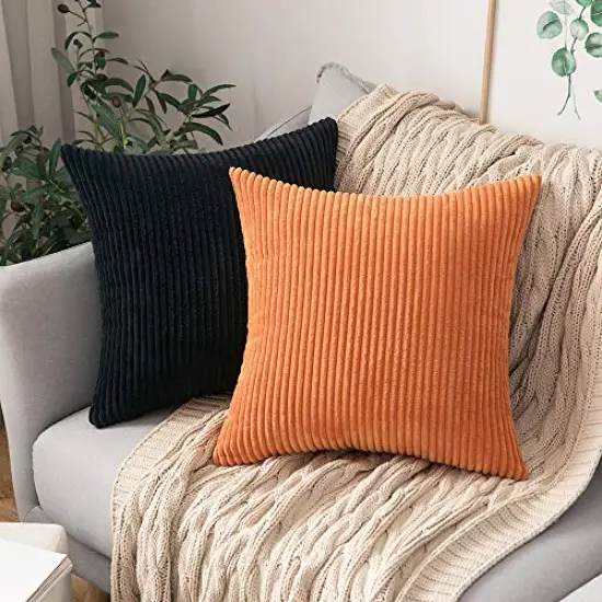 MIULEE Pack of 2 Fall Orange Pillow Covers 16x16 Inch Soft Boho Striped Corduroy Throw Pillow Covers Set Decorative Square Cushion Cases Pillowcases for Sofa Bedroom Couch {2}