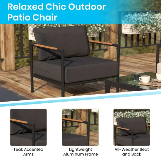 Merrick Lane Eastport Outdoor Accent Chair with Removable Plush Fabric Cushions and Teak Accented Aluminum Frame Charcoal {2}