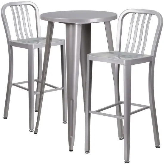 Merrick Lane Evelyne Outdoor Dining Set with 24" Round Table and Slatted Back Bar Stools with Footrests Silver {1}
