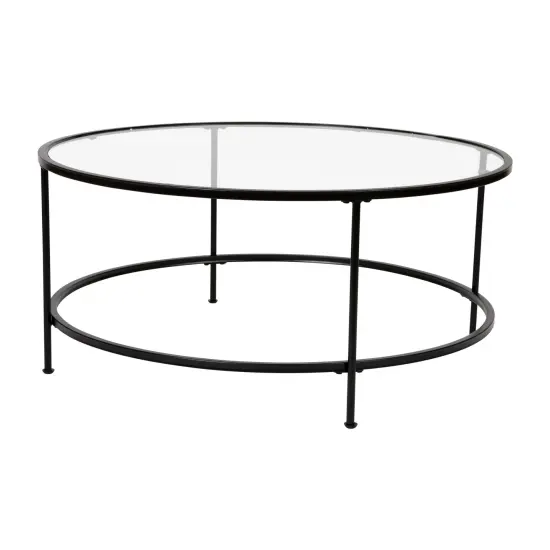 Merrick Lane Newbury Glass Coffee Table with Round Matte Gold Frame and Vertical Legs Clear/Matte Black {3}
