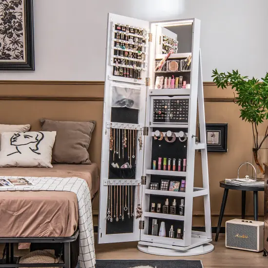 360 Degree Full Length Mirror Jewelry Armoire Cabinet with 3-Color LED Lights and Lockable Door White {6}