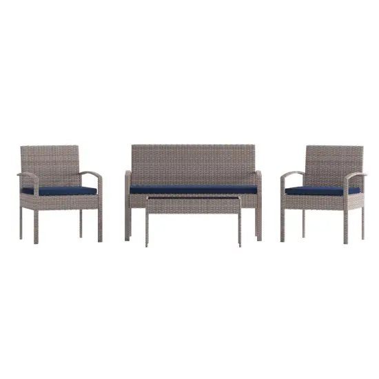Emma and Oliver 4 Piece Patio Set with Steel Frame and Cushions - Outdoor Seating Light Gray/Navy {3}