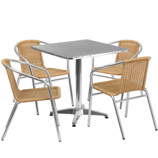 Emma and Oliver 27.5" Square Aluminum Garden Patio Table Set with 4 Rattan Chairs Beige {1}