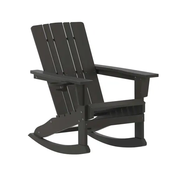 Merrick Lane Ridley HDPE Adirondack Chair with Cup Holder and Pull Out Ottoman, All-Weather HDPE Indoor/Outdoor Chair Black {1}