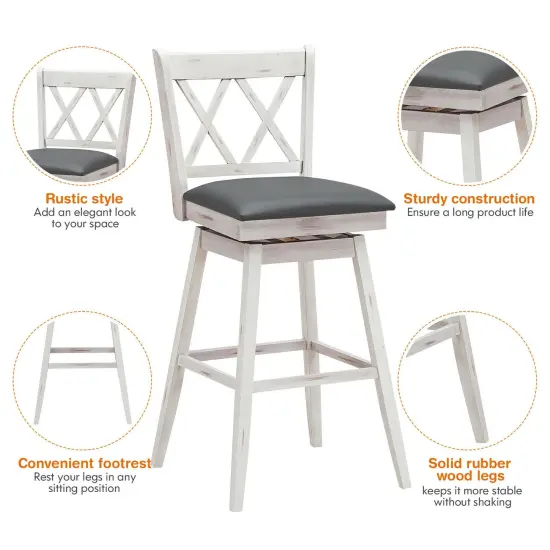 2 Pieces 29 Inches Swivel Counter Height Barstool Set with Rubber Wood Legs White {5}