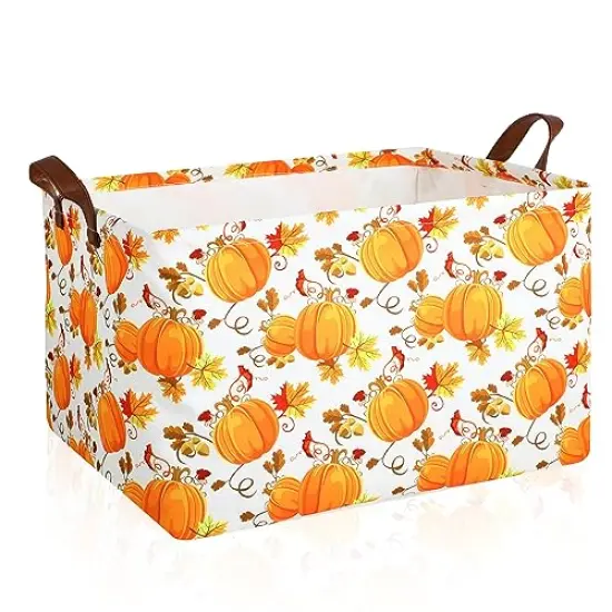 Pumpkin Fall Storage Bin Basket Collapsible with Leather Handles Waterproof Canvas Storage Cube Box for Closet Toys Clothes Thanksgiving Room Decor Gift Basket {1}