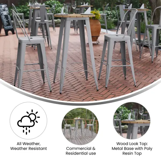 Merrick Lane Dryden Indoor/Outdoor Bar Top Table, 23.75" Round All Weather Poly Resin Top with Steel base Brown/Silver {2}