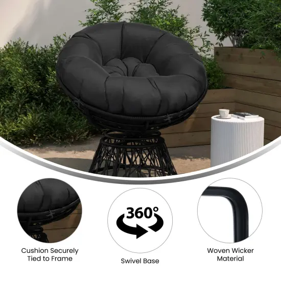 Merrick Lane Papasan Style Woven Wicker Swivel Patio Chair with Removable All-Weather Cushion Black {2}