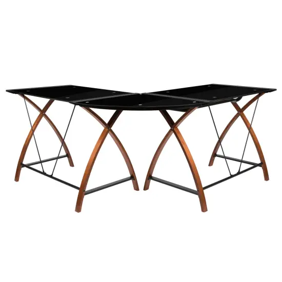 Emma and Oliver Glass L-Shape Corner Computer Desk with Pull-Out Keyboard Tray Black {3}