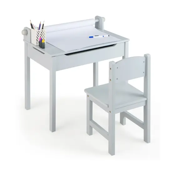 Wooden Kids Table and Chair Set with Storage and Paper Roll Holder White {7}